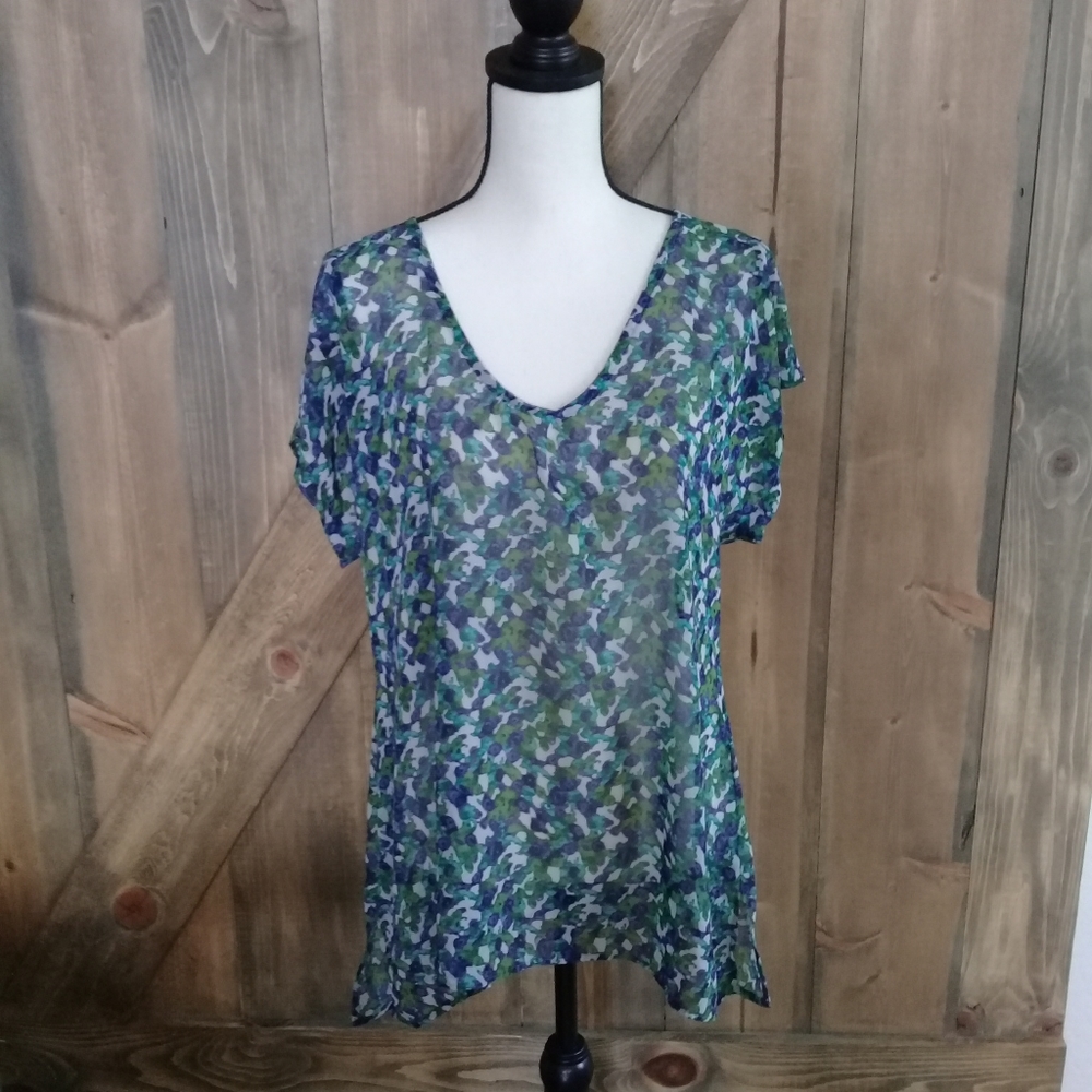 Show Me Your MuMu Blue Green Floral Chiffon Sheer Loose Short Sleeve Top Medium